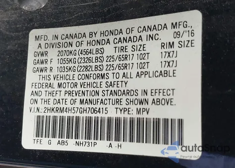 2016 Honda Cr-V Ex z USA, uszkodzony, nr VIN 2HKRM4H57GH706415